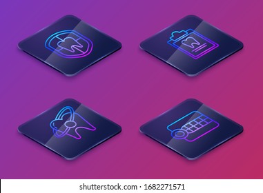 Set Isometric line Dental protection, Tooth whitening concept, Clipboard with dental card and Dentures model. Blue square button. Vector
