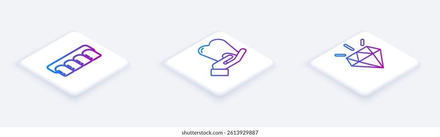 Set Isometric line Dentures model, Tooth and Diamond teeth. White square button. Vector