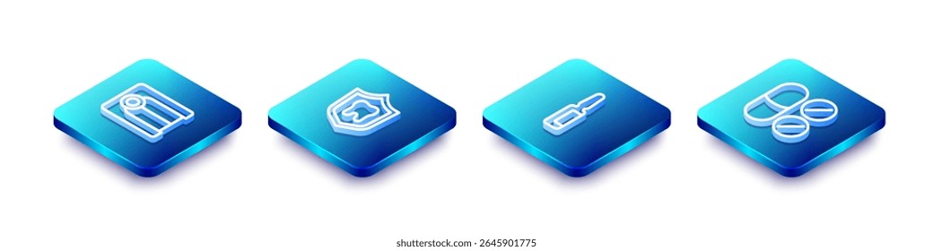 Conjunto de línea isométrica modelo de prótesis dentales, protección dental, tableta analgésico e icono. Vector