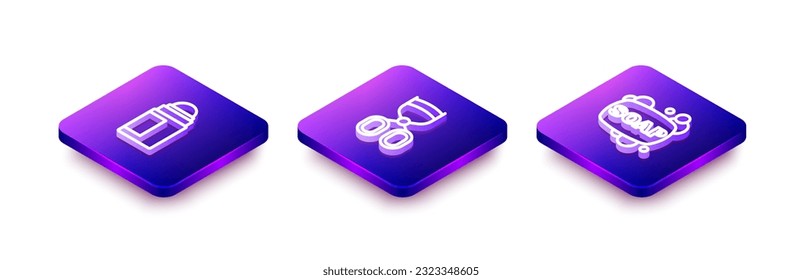 Establece la línea isométrica rollo de desodorante, curler de Eyelash y icono de barra de jabón. Vector