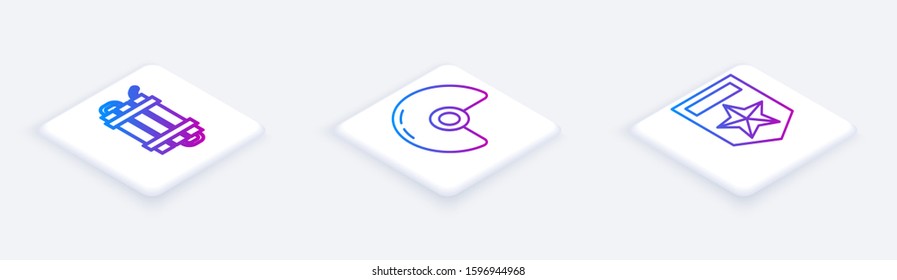 Set Isometric line Detonate dynamite bomb stick, Military helmet  and Chevron . White square button. Vector