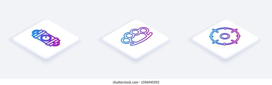 Set Isometric line Detonate dynamite bomb stick and timer clock, Brass knuckles  and Target sport for shooting competition . White square button. Vector