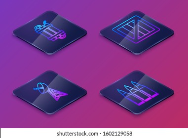 Set Isometric line Detonate dynamite bomb stick, Radar , Military ammunition box and Bullet . Blue square button. Vector