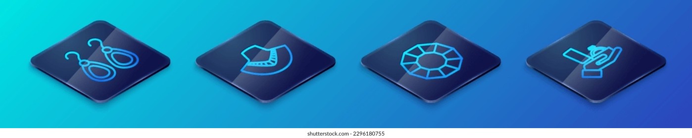 Set Isometric line Diamond, Earrings, engagement box and Necklace mannequin icon. Vector