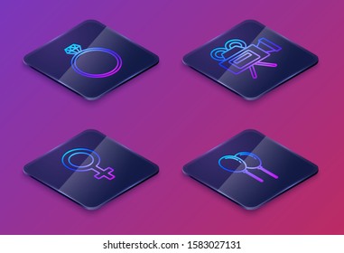 Set Isometric line Diamond engagement ring, Female gender symbol, Cinema camera and Balloons with ribbon. Blue square button. Vector