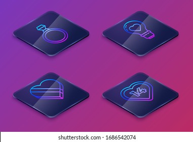 Fijar la línea isométrica anillo de compromiso de diamantes, Candy en la caja con forma de corazón, Forma del corazón en una bombilla y Corazón. Botón cuadrado azul. Vector
