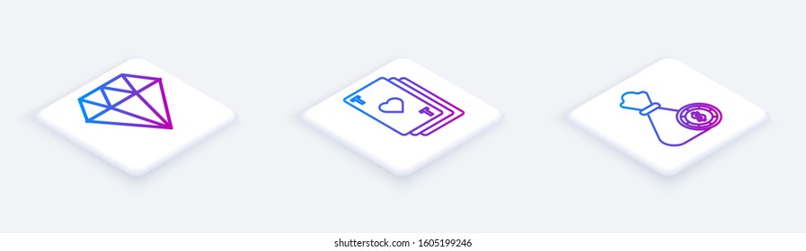 Set Isometric line Diamond, Playing card with heart and Money bag and casino chips. White square button. Vector