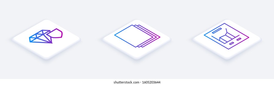 Set Isometric line Diamond with shield, Clean paper and Document with graph chart. White square button. Vector