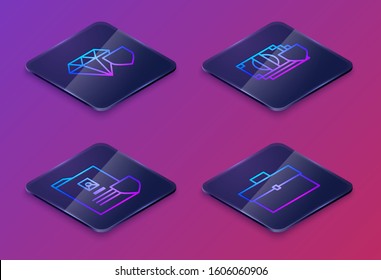 Set Isometric line Diamond with shield, Document with shield, Money with shield and Briefcase. Blue square button. Vector