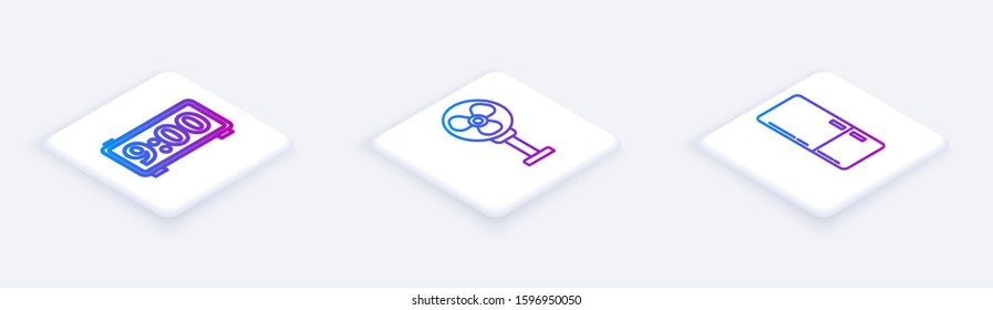 Set Isometric line Digital alarm clock , Electric fan  and Refrigerator . White square button. Vector