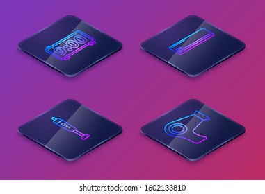 Set Isometric line Digital alarm clock , Blender , Air conditioner  and Hair dryer . Blue square button. Vector