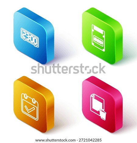 Set Isometric line Digital alarm clock, SSD card, Calendar with check mark and Delete file document icon. Vector