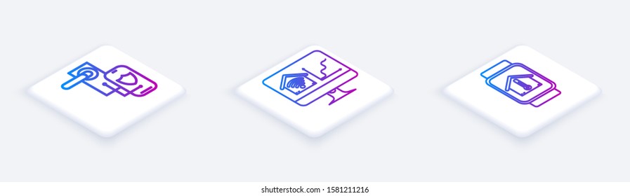 Set Isometric line Digital door lock with wireless technology for lock, Computer monitor with smart home with wi-fi and Smart watch with house temperature. White square button. Vector
