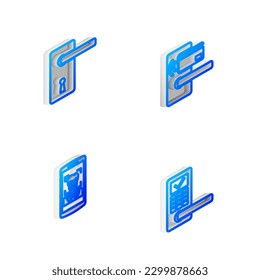 Ajuste la línea isométrica Bloqueo de puerta digital con conexión inalámbrica, mango de puerta, reconocimiento de la cara móvil e icono. Vector