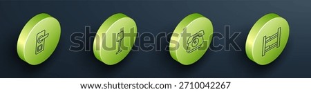Set Isometric line Digital door lock, Table lamp, Telephone handset and Hotel room bed icon. Vector