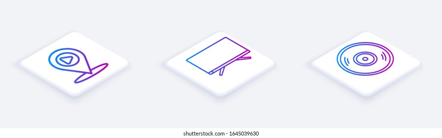 Set Isometric line Digital media play with location, Smart Tv and Vinyl disk. White square button. Vector