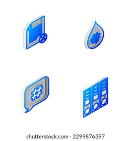 Set Isometric line Dirty water drop, File document service, Hashtag speech bubble and Office folders icon. Vector