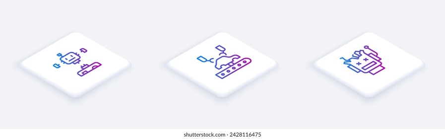 Set Isometric line Disassembled robot, Robotic arm on factory and Broken. White square button. Vector