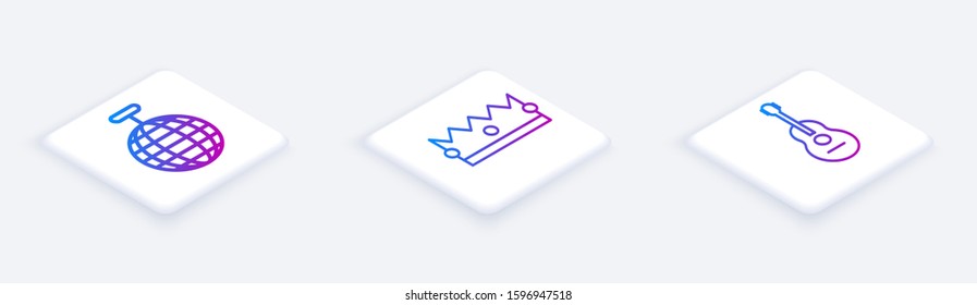 Set Isometric line Disco ball , Crown  and Guitar . White square button. Vector