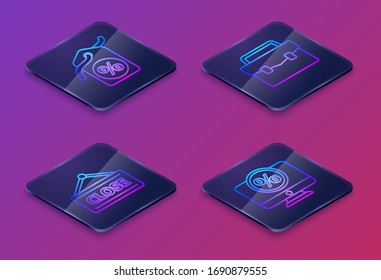 Set Isometric line Discount percent tag, Hanging sign with Closed, Briefcase and Percent discount and monitor. Blue square button. Vector