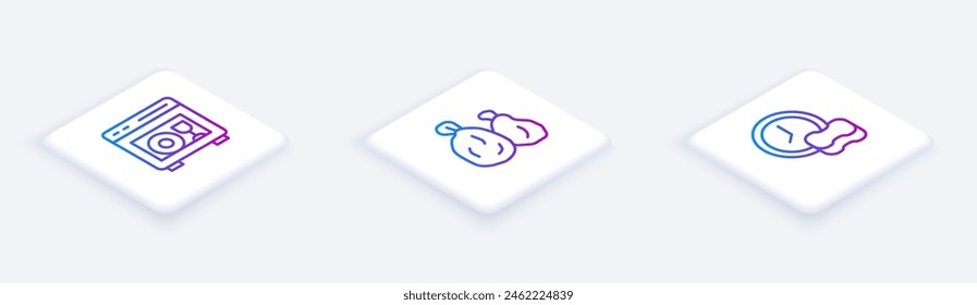 Set Isometric line Dishwasher machine, Garbage bag and Washing dishes. White square button. Vector