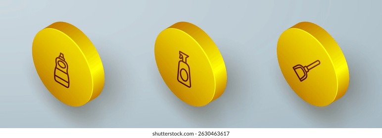 Set Isometric line Dishwashing liquid bottle, Cleaning spray with detergent and Dustpan icon. Vector