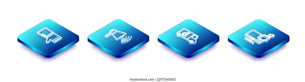 Establecer línea isométrica No me gusta, Megáfono, servicio de coches e icono de monitor de ordenador. Vector