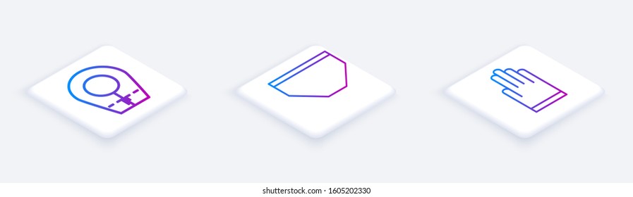Set Isometric line Diving hood, Swimming trunks and Gloves. White square button. Vector