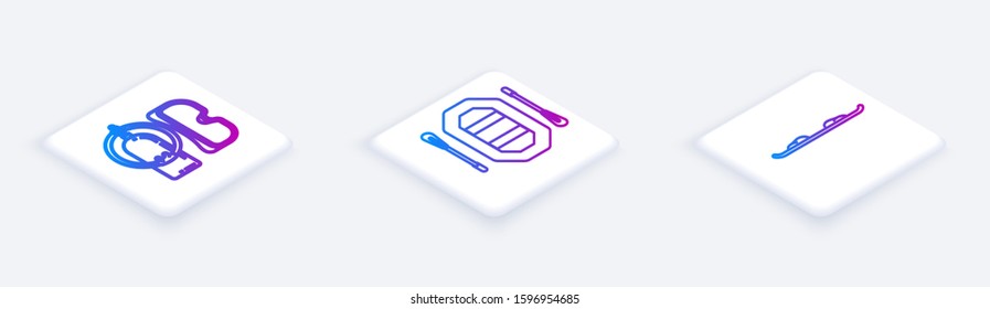 Set Isometric line Diving mask and aqualung, Rafting boat and Snowboard. White square button. Vector