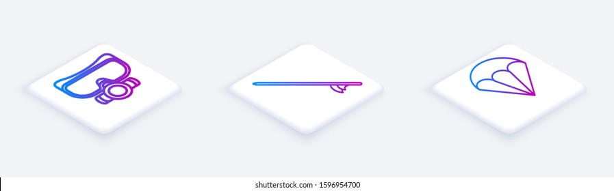 Set Isometric line Diving mask, Surfboard and Parachute. White square button. Vector