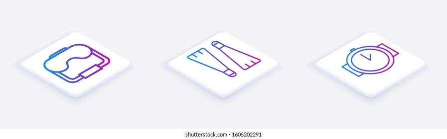 Set Isometric line Diving mask, Rubber flippers for swimming and Diving watch. White square button. Vector