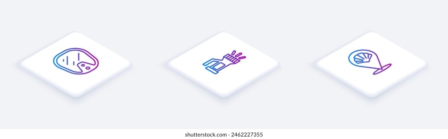 Set Isometric line Diving mask, Flashlight and Scallop sea shell. White square button. Vector