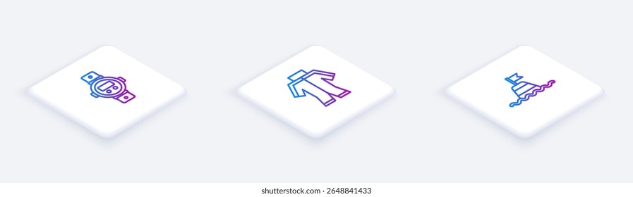 Set Isometric line Diving watch, Wetsuit and Floating buoy on the sea. White square button. Vector