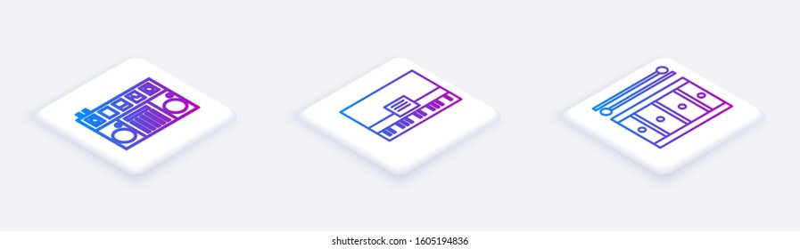 Set Isometric line DJ remote for playing and mixing music, Piano and Drum with drum sticks. White square button. Vector