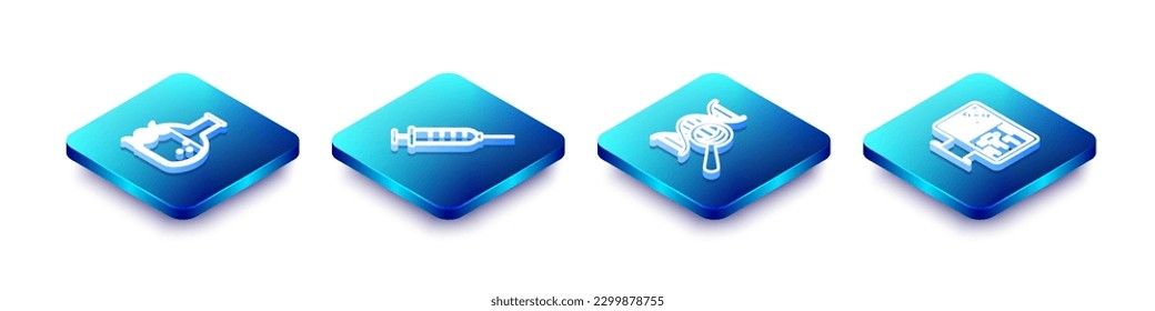 Establezca la línea isométrica de investigación, búsqueda, jeringas y registro clínico en el icono del monitor. Vector