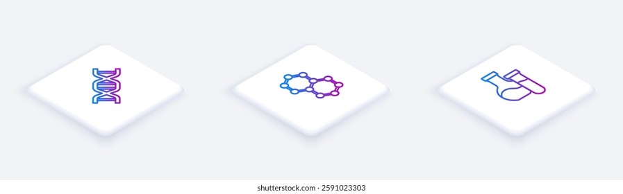 Set Isometric line DNA symbol, Molecule and Test tube. White square button. Vector
