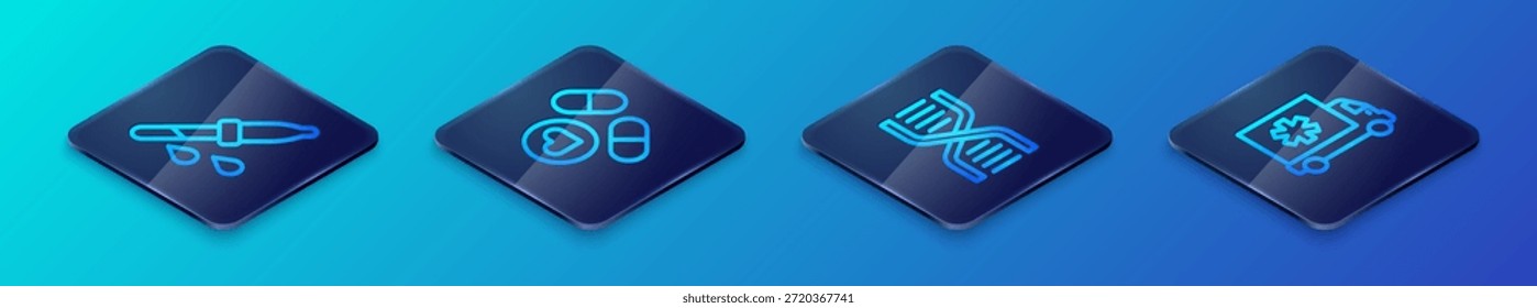 Set Isometric line DNA symbol, Pipette, Ambulance car and Medicine pill or tablet icon. Vector
