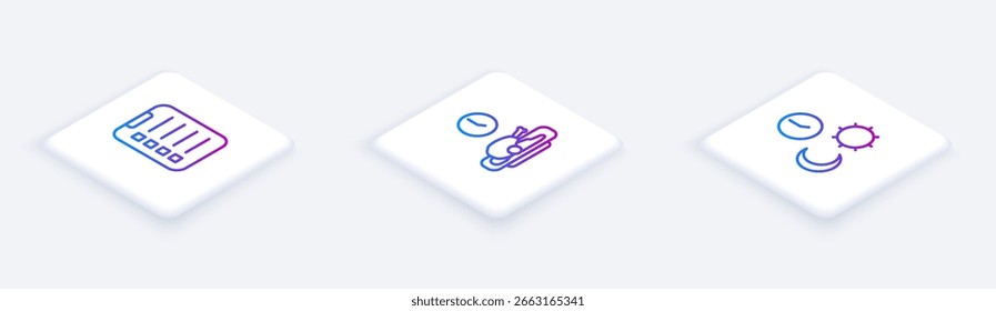 Set Isometric line To do list or planning, Food time and Day and night with. White square button. Vector