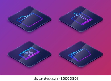 Set Isometric line Document folder, Laptop and cross mark on screen, File document and Document folder. Blue square button. Vector