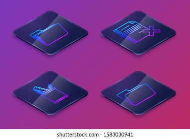 Set Isometric line Document folder, Pencil case stationery, Delete file document and Document folder. Blue square button. Vector