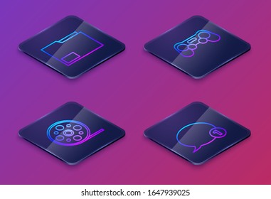Set Isometric line Document folder, Film reel, Gamepad and Speech bubble chat. Blue square button. Vector