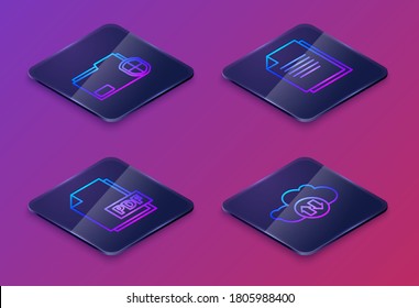 Set Isometric line Document folder protection, PDF file document, Document and Cloud download and upload. Blue square button. Vector