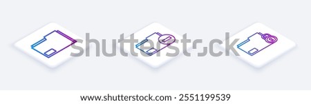 Set Isometric line Document folder, Document folder with minus and Folder and lock. White square button. Vector