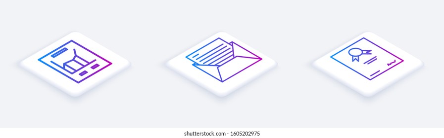 Set Isometric line Document with graph chart, Mail and e-mail and Certificate template. White square button. Vector