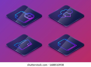 Set Isometric line Document protection concept, Document folder, Cloud download and Document. Blue square button. Vector