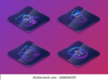 Set Isometric line Document with search, Envelope, Head with law and Police badge. Blue square button. Vector