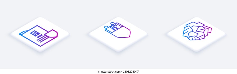 Set Isometric line Document with shield, Family insurance with shield and Crumpled paper ball. White square button. Vector