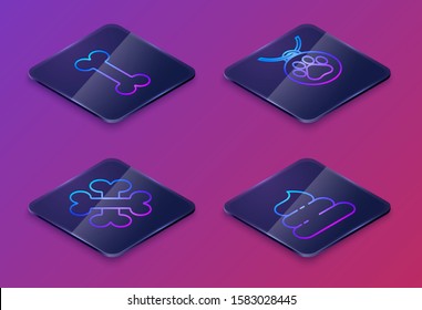 Set Isometric line Dog bone, Crossed bones, Collar with name tag and Shit. Blue square button. Vector