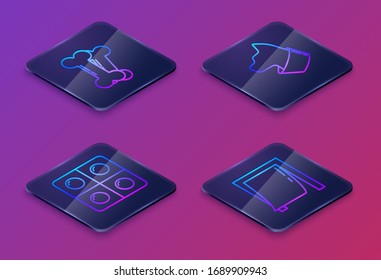 Set Isometric line Dog bone, Dog and pills, Cat and Door for pet. Blue square button. Vector