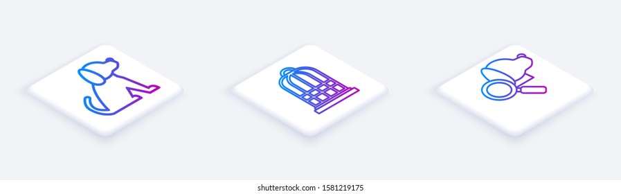 Set Isometric line Dog, Cage for birds and Veterinary clinic symbol. White square button. Vector